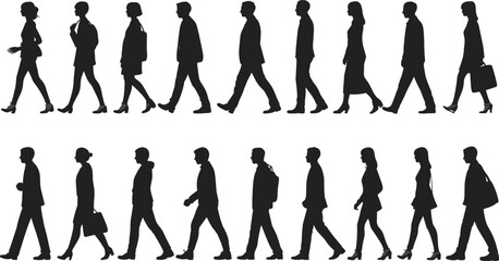 Silhouette of business people walking in formal clothes isolated on white background, men and women professionals vector illustration for office design