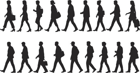 Silhouette of business people walking in formal office clothes isolated on white background, men and women professionals vector illustration for design