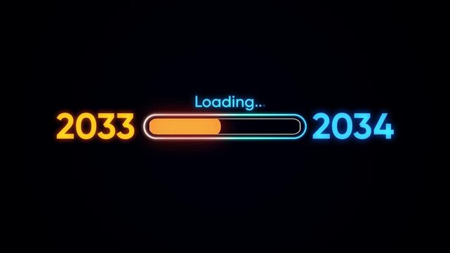 2033 to 2034 loading progress bar with neon glow on black loading bar