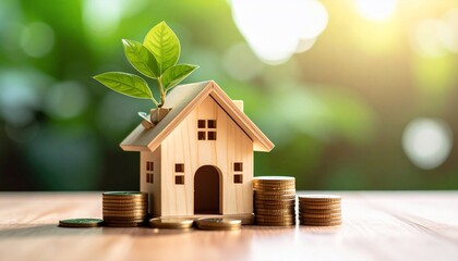 Wooden house with leaves, coins, growth, and investment, financial concept in nature scene