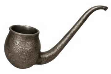 Ornate antique metal smoking pipe, vintage collectible item with elegant engraved decoration, transparent background