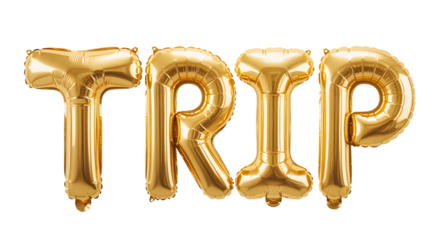 Golden balloons spelling out the word trip isolated on transparent background