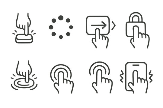 Doodle Mobile Icon Set. Interactive Mobile Buttons outline icons: press animation button, loading spinner icon, swipe action button, hold-to-confirm button, dynamic feedback glow,