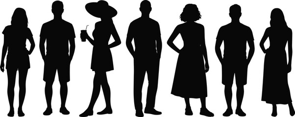 Silhouette of diverse people standing in casual summer clothing isolated on white background, men and women vector illustration for lifestyle design
