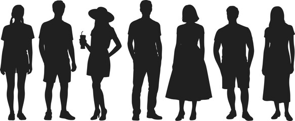 Silhouette of diverse people standing in casual summer outfits isolated on white background, men and women vector illustration for lifestyle design