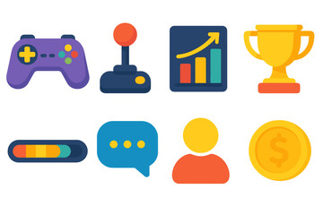 Modern Gaming Icons. Gaming Hubs flat icons: game controller, joystick, leaderboard chart, trophy, loading bar, chat bubble, avatar icon, virtual coin.