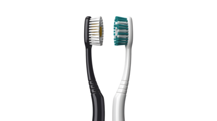 Two toothbrushes one black and one white isolated on transparent background