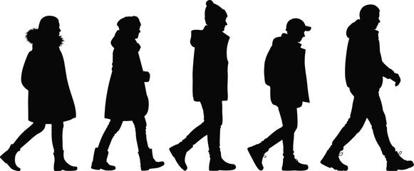 Silhouette of people walking in winter clothing isolated on white background, men and women pedestrians vector illustration for fashion and lifestyle design
