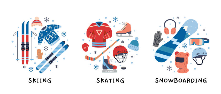 Winter sports equipment set with skiing, skating and snowboarding gear. Trendy modern vector illustration isolated on white background, hand drawn, flat design