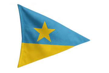 Pennant flag with yellow star and blue, yellow stripes, triangular banner on transparent background