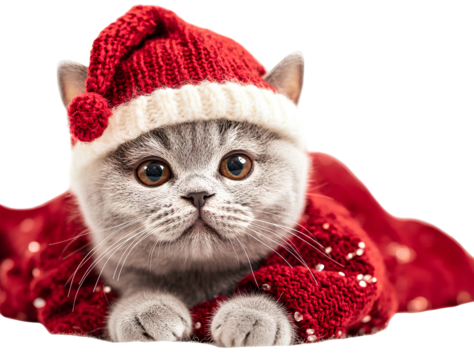 Adorable British Shorthair Kitten Wearing Knitted Red Hat and Sweater Celebrating Winter Holidays