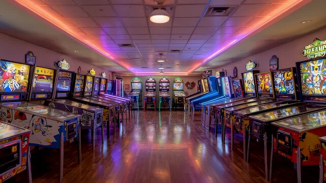 Wide arcade room filled with colorful pinball machines glowing under vibrant neon lights creating an energetic retro gaming atmosphere