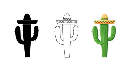 A vibrant green cactus wearing a traditional sombrero hat isolated on white background