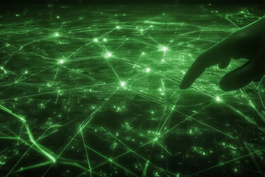 Green digital network with nodes and connections highlighted in futuristic technology landscape showcasing the power of data interaction and connectivity possibilities for innovative solutions
