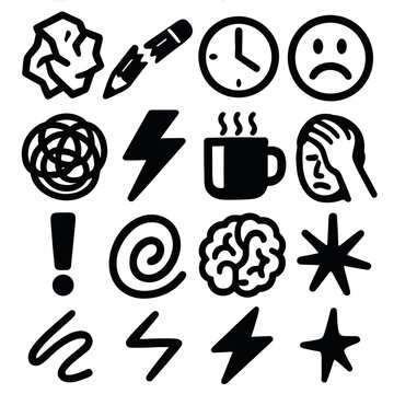 Creative Frustration Icons. Creative Frustration silhouette icon set: crumpled paper, pencil snap, clock, frown face, tangled idea, lightning bolt, coffee mug, hand on head,