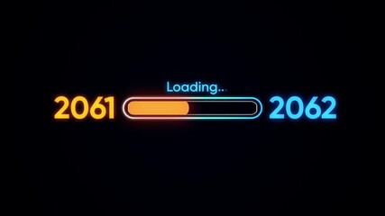 Loading bar transitioning from year 2061 to 2062 with neon glow progress bar