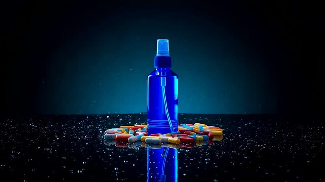 Blue medical spray bottle standing among assorted colorful capsules on a reflective surface under dramatic lighting in a dark studio scene