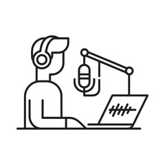 Podcaster recording audio with microphone and laptop