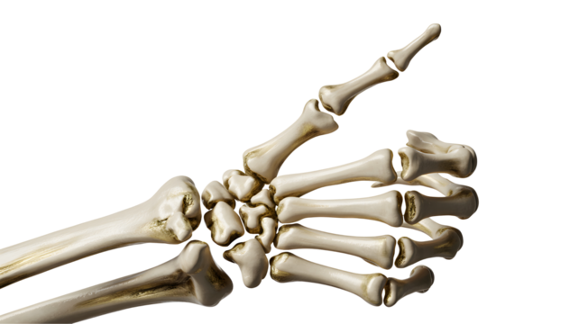 Human skeleton hand giving a thumbs up gesture isolated on transparent background - Powered by Adobe