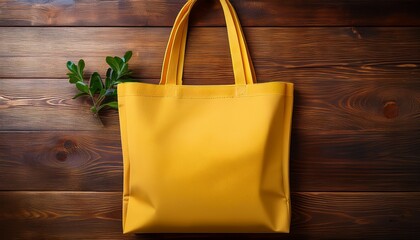 yellow reusable tote bag on wooden table