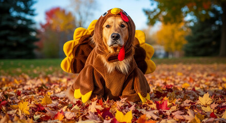 A golden retriever dog sits among fallen colorful leaves wearing a brown turkey costume, a humorous scene representing autumnal holiday spirit