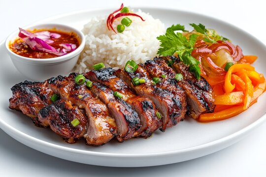 Savory grilled chicken served with fluffy rice, fresh vegetables, and a spicy dipping sauce on a white plate at a cozy restaurant