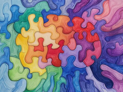Drawn puzzle pieces forming a brain symbolizing neurodiversity and uniqueness within spectrum