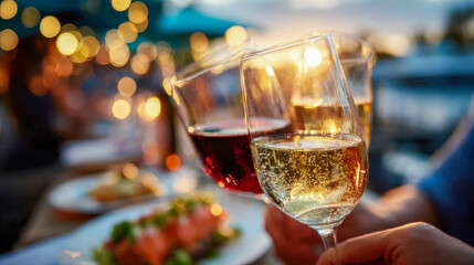 Woman holding a sparkling champagne glass during a sunset gathering, symbolizing elegance and celebration