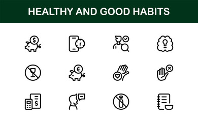 Interactive Healthy and Good Habits Icon Pack displaying Daily Routines, Fitness Apps, and Wellness Tools
