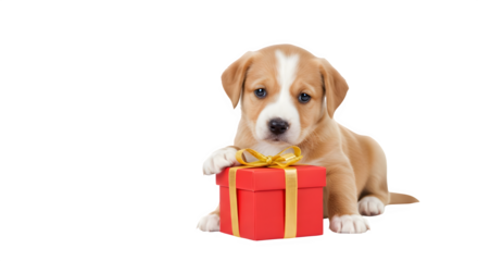 Adorable puppy with a red gift box the cute dog is looking at the camera with its paw on the present, creating a heartwarming and festive scene