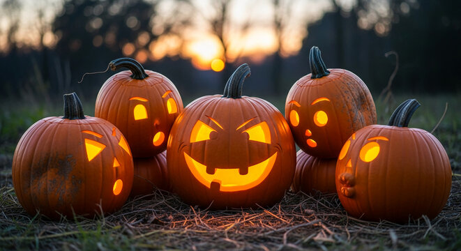 Pile of orange carved pumpkin with a glowing, light emitting face. Representative for Halloween, a festive autumnal event, celebration, and decor