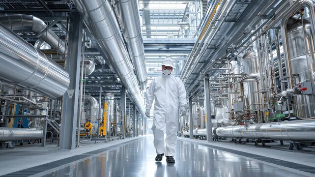 Worker in protective gear walks through a modern industrial facility, showcasing intricate piping and machinery, camera follows with a smooth dolly movement
