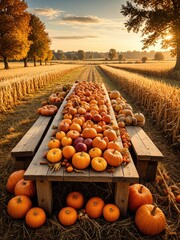 Autumn Harvest Feast: Long Wooden Table Overflowing with Colorful Pumpkins in a Golden Cornfield Landscape