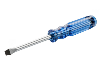 Brightly lit flathead screwdriver with translucent blue handle on a deep black surface isolated on transparent background