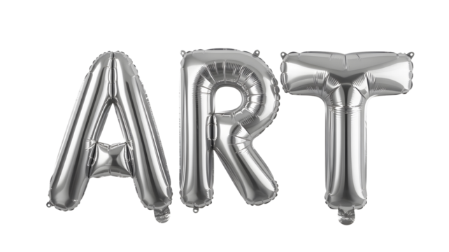 Silver foil balloons spelling the word art isolated on transparent background