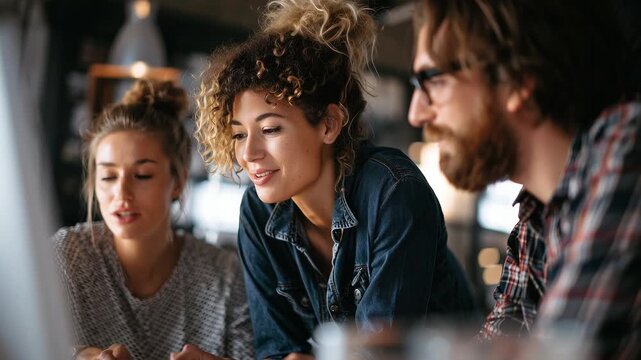 Engaged group of diverse young adults collaborating on a project, with camera zooming in on expressions and interactions, showcasing teamwork and creativity - Powered by Adobe