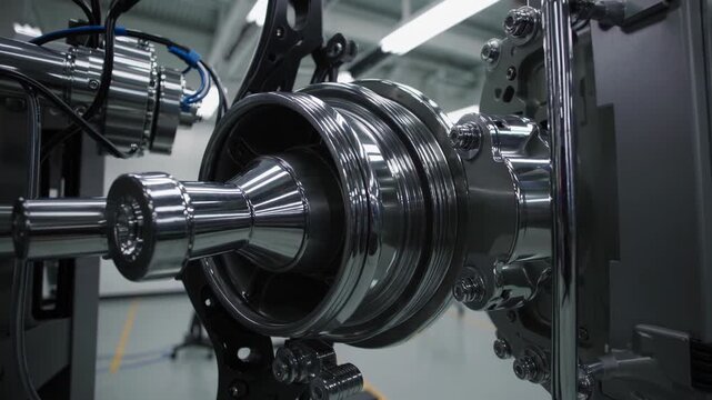 chrome spindle on assembly line closeup, reflective rotor mounted in CNC fixture with robotic arm and cabling, high-detail metal surfaces, precision engineering environment, sterile factory lighting,