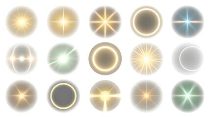 Collection of glowing oval light effects isolated on transparent background