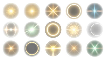 Collection of glowing oval light effects isolated on transparent background