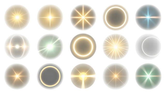 Collection of glowing oval light effects isolated on transparent background