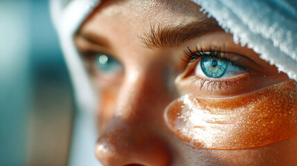 Macro shot of a woman eyes with shimmering golden under-eye patches, emphasizing skincare, beauty, and rejuvenation