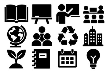 Sustainable Education Icons. Educational Sustainable Cities silhouette icon set: open book, chalkboard, teacher icon, classroom, globe, student group, recycling symbol, city