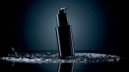 Elegant black cosmetic bottle standing on reflective water surface with dramatic lighting creating a premium skincare and beauty product scene - Powered by Adobe
