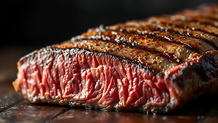 crosssection. Juicy steak with perfect grill marks, showcasing its rich texture against a dark rustic backdrop. menu design.