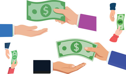 Two hands exchanging money, giving cash payment illustration, financial transaction concept showing business payment, lending, donation, or salary exchange