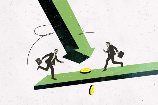 Exclusive artwork banner creative collage of two business partners men run arrow decline coin inflation regress dollar loss