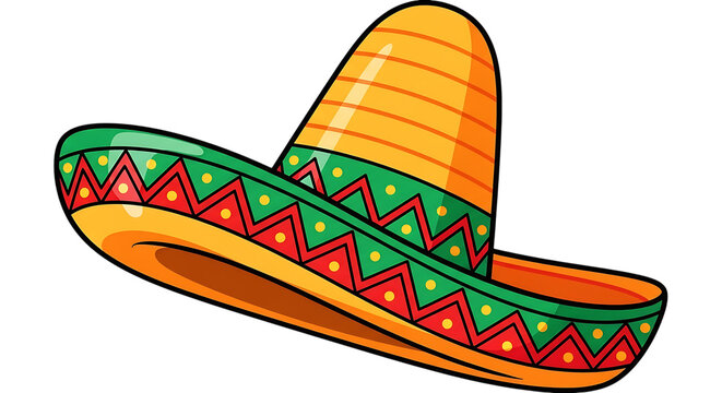 Vibrant mexican sombrero hat with colorful geometric patterns isolated on white background