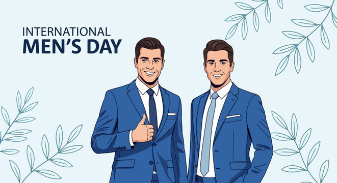 International Men s Day Celebration Two Smiling Men in Blue Suits with Thumbs Up - Powered by Adobe
