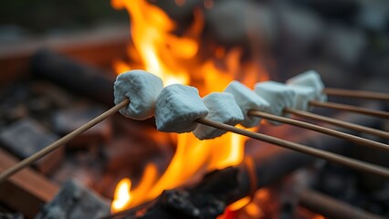 caramelization. Marshmallows roasting over a campfire on a stick. menu design, packaging mockups, designed for culinary blogs and recipe cards for restaurants, used by account managers.