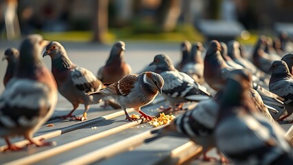 atrocity. A common sparrow among pigeons pecking crumbs on a city park bench in morning light. wildlife magazines, conservation campaigns, designed for nature documentaries and education.